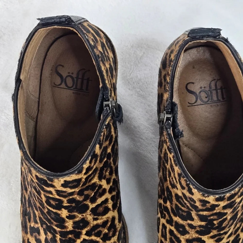 Sofft Leopard Print Cow Hair Ankle Booties Brown Black Block Heel 8M SF0034900
